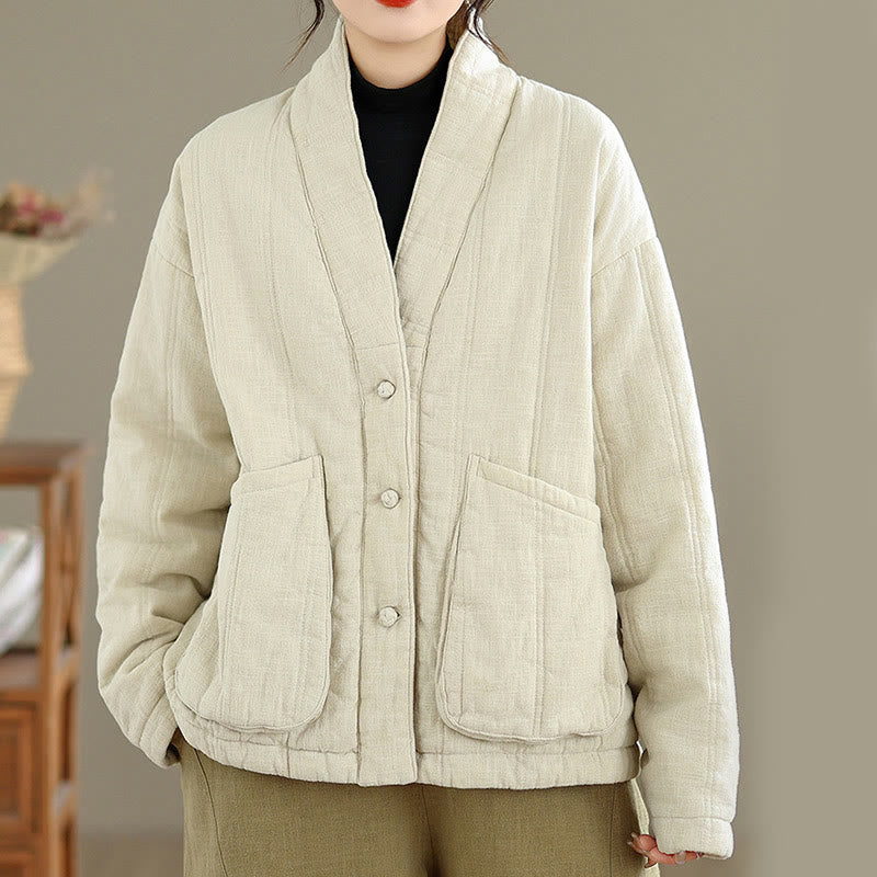 Buddha Stones Winter Solid Langarm-Thermojacke aus Baumwolle für Damen mit Taschen - image 1