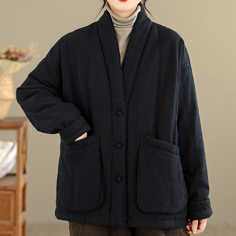 Buddha Stones Winter Solid Langarm-Thermojacke aus Baumwolle für Damen mit Taschen - image 18
