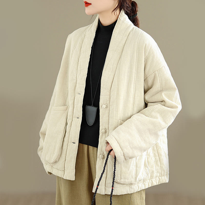 Buddha Stones Winter Solid Langarm-Thermojacke aus Baumwolle für Damen mit Taschen - Beige - US12, UK/AU16, EU44 (2XL) - image 0