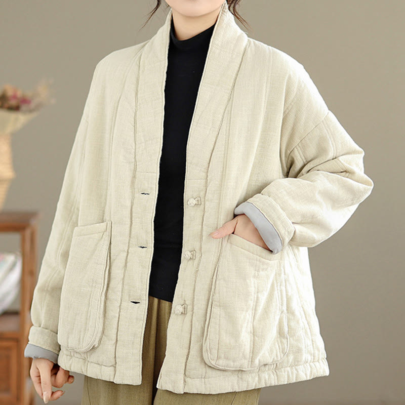 Buddha Stones Winter Solid Langarm-Thermojacke aus Baumwolle für Damen mit Taschen - image 2
