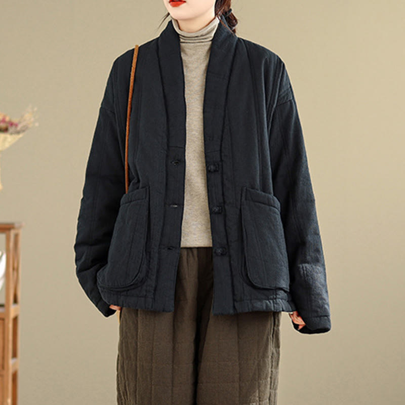 Buddha Stones Winter Solid Langarm-Thermojacke aus Baumwolle für Damen mit Taschen - image 17