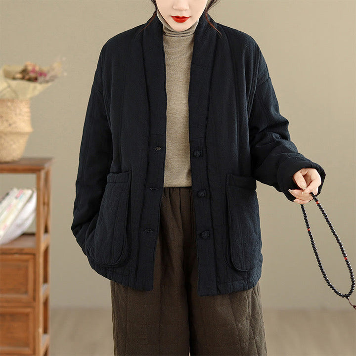 Buddha Stones Winter Solid Langarm-Thermojacke aus Baumwolle für Damen mit Taschen - image 21