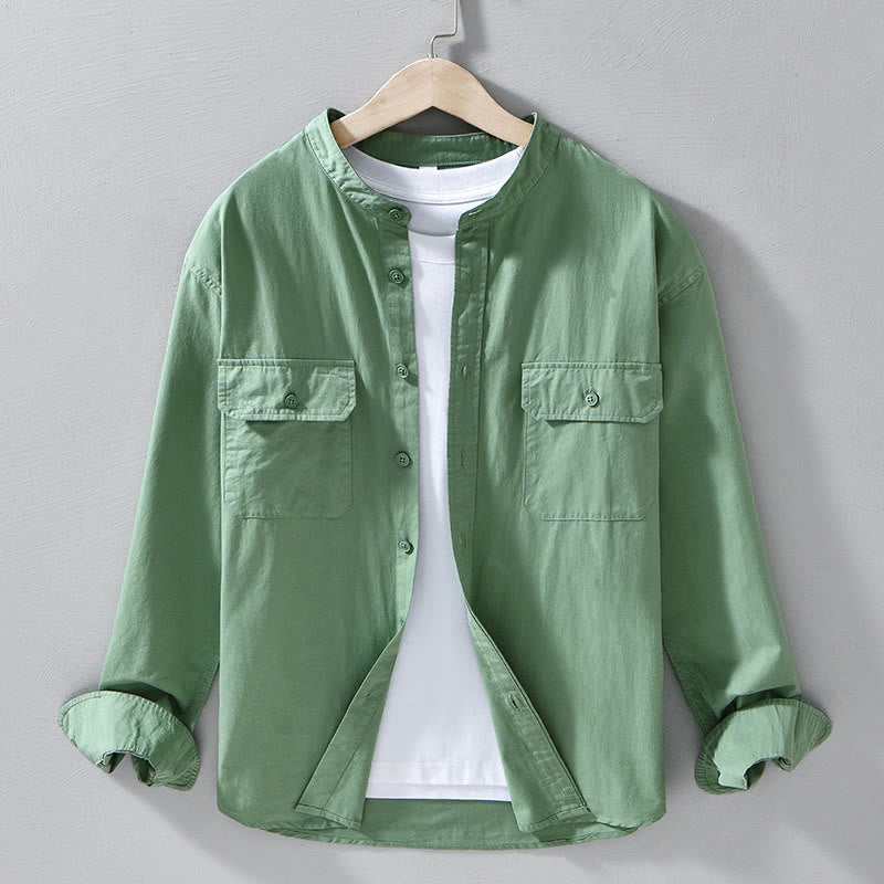 Buddha Stones Rundhals-Herrenjacke aus dickem, einfarbigem Baumwollgewebe mit langen Ärmeln und Taschen - Mittelseegrün - US/UK/AU42, EU52 (3XL) - image 4