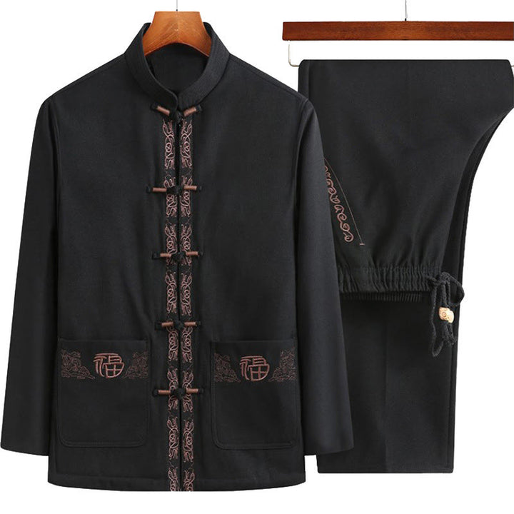 Buddha Stones ​​Fu-Charakter-Stickerei Tang-Anzug Froschknopf Herren Langarmjacke Hemd Hose - Schwarze Jacke + Schwarze Hose - US/ UK/AU44, EU54 (4XL) - image 0