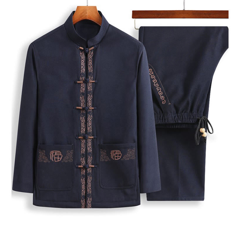 Buddha Stones ​​Fu-Charakter-Stickerei Tang-Anzug Froschknopf Herren Langarmjacke Hemd Hose - Stahlblaue Jacke + schwarze Hose - US/ UK/AU44, EU54 (4XL) - image 5