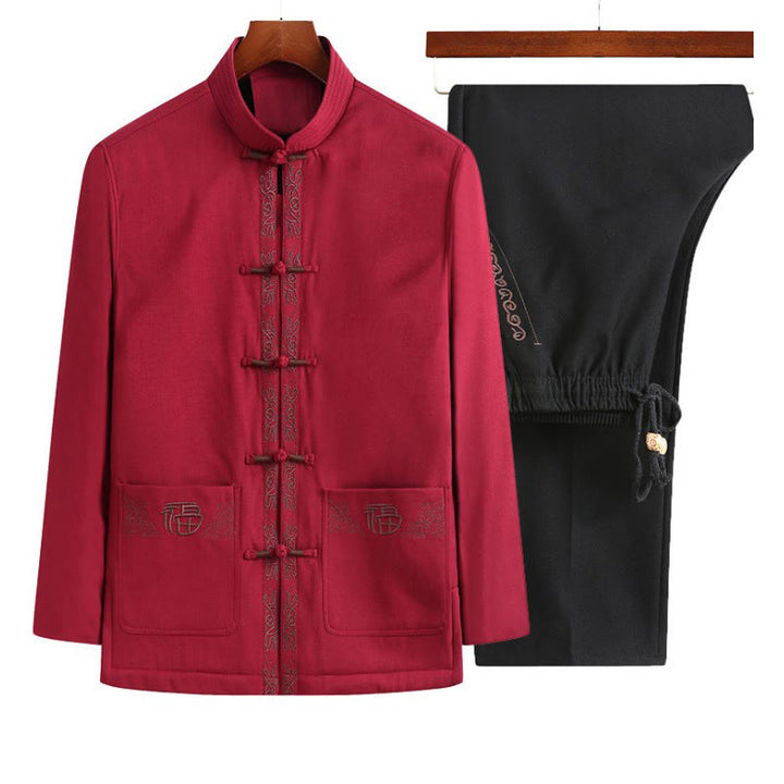Buddha Stones ​​Fu-Charakter-Stickerei Tang-Anzug Froschknopf Herren Langarmjacke Hemd Hose - Rote Jacke + Schwarze Hose - US/ UK/AU44, EU54 (4XL) - image 7
