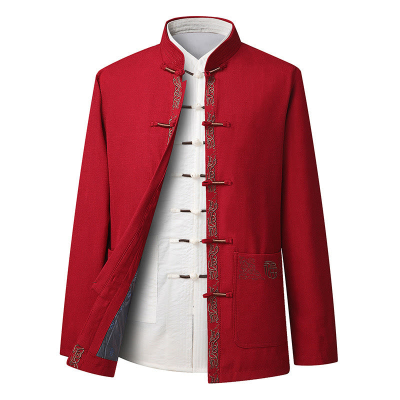 Buddha Stones ​​Fu-Charakter-Stickerei Tang-Anzug Froschknopf Herren Langarmjacke Hemd Hose - Rote Jacke (nur Jacke) - US/ UK/AU44, EU54 (4XL) - image 10