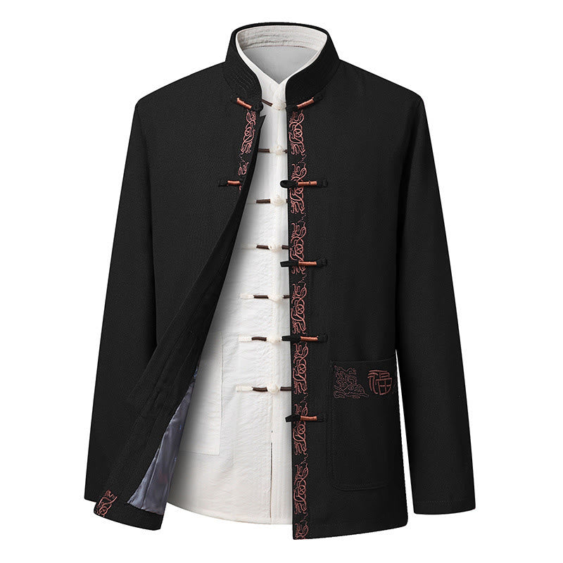 Buddha Stones ​​Fu-Charakter-Stickerei Tang-Anzug Froschknopf Herren Langarmjacke Hemd Hose - Schwarze Jacke (nur die Jacke) - US/ UK/AU44, EU54 (4XL) - image 8