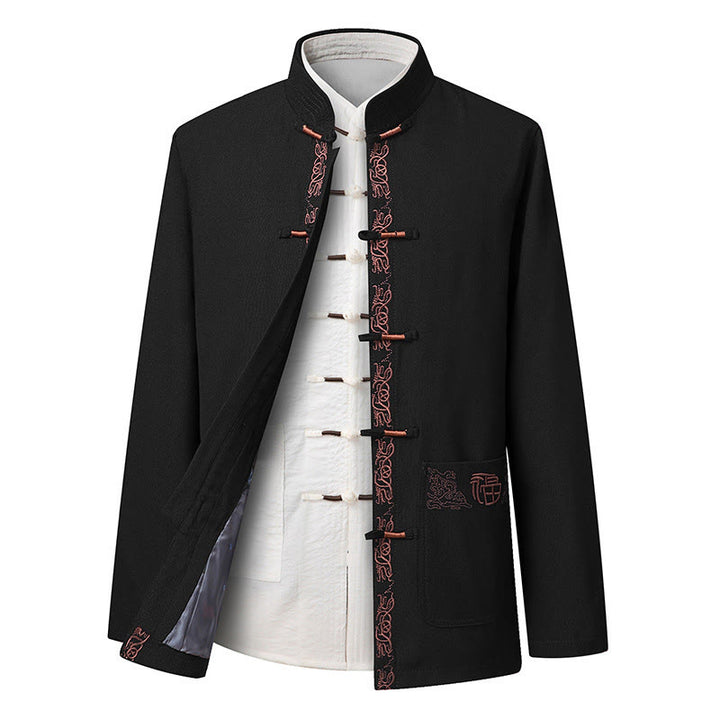 Buddha Stones ​​Fu-Charakter-Stickerei Tang-Anzug Froschknopf Herren Langarmjacke Hemd Hose - Schwarze Jacke (nur die Jacke) - US/ UK/AU44, EU54 (4XL) - image 8