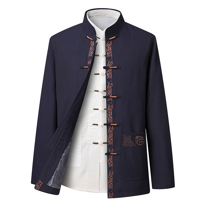 Buddha Stones ​​Fu-Charakter-Stickerei Tang-Anzug Froschknopf Herren Langarmjacke Hemd Hose - SteelBlue Jacke (nur Jacke) - US/ UK/AU44, EU54 (4XL) - image 9