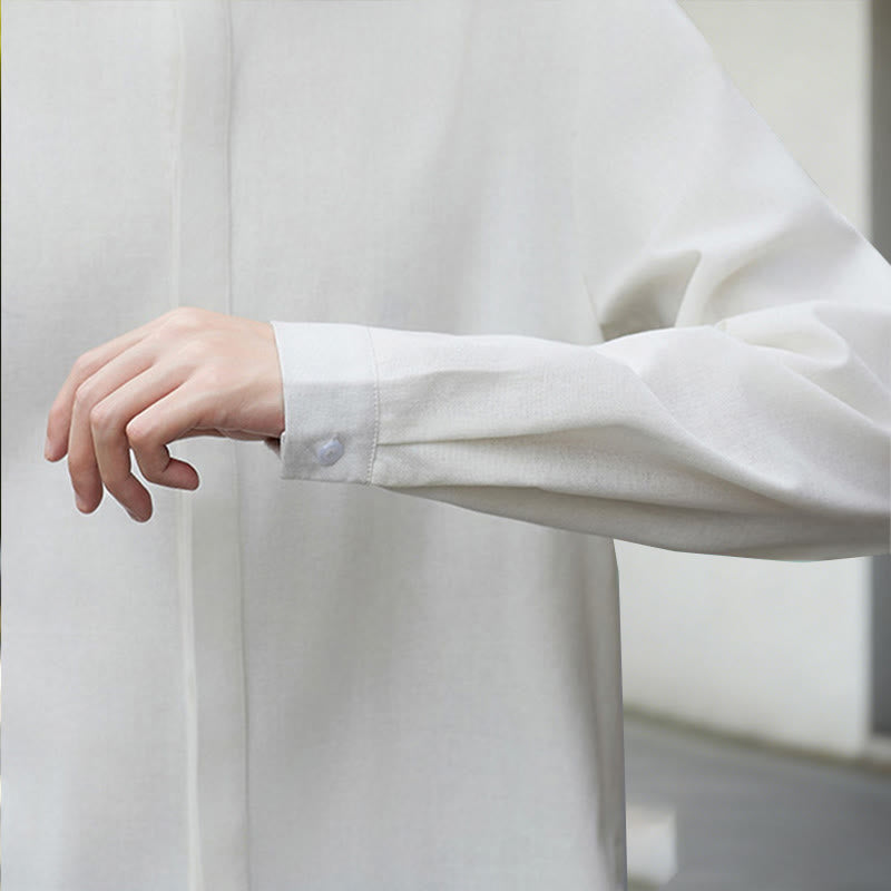 Buddha Stones Herbst Einfarbig Weiß Herren Langarm Baumwoll-Leinen-Kimono aus Cord - image 9