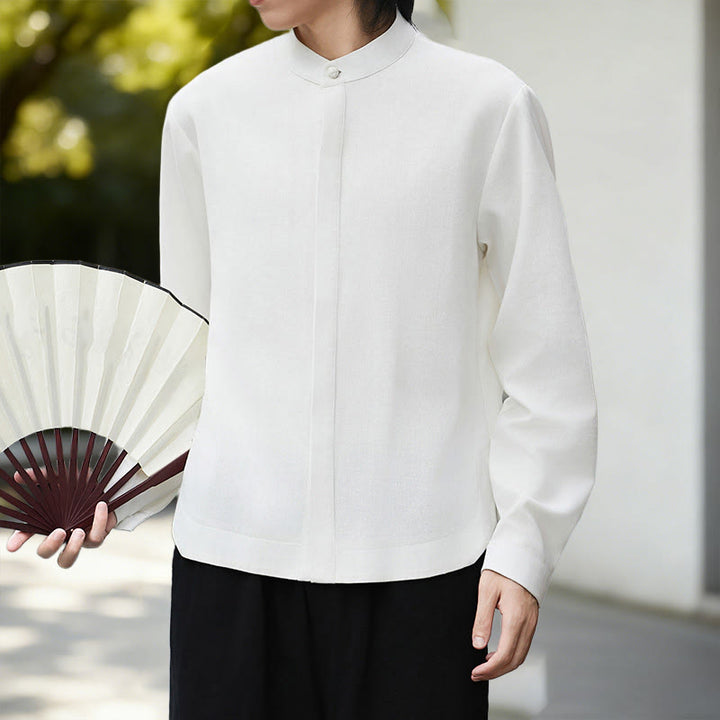 Buddha Stones Herbst Einfarbig Weiß Herren Langarm Baumwoll-Leinen-Kimono aus Cord - image 2