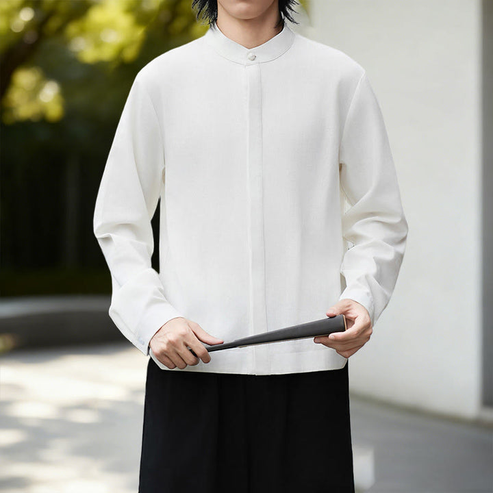 Buddha Stones Herbst Einfarbig Weiß Herren Langarm Baumwoll-Leinen-Kimono aus Cord - Weißes Hemd - US/ UK/AU46, EU56 (5XL) - image 0