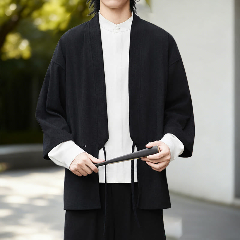 Buddha Stones Cordjacke mit langen Ärmeln, einfarbig, offen, Herren-Kimono aus Baumwoll-Leinen-Mischgewebe - Schwarzer Kimono - US/ UK/AU46, EU56 (5XL) - image 0