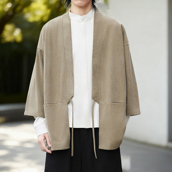 Buddha Stones Cordjacke mit langen Ärmeln, einfarbig, offen, Herren-Kimono aus Baumwoll-Leinen-Mischgewebe - Weizenkimono - US/ UK/AU46, EU56 (5XL) - image 15