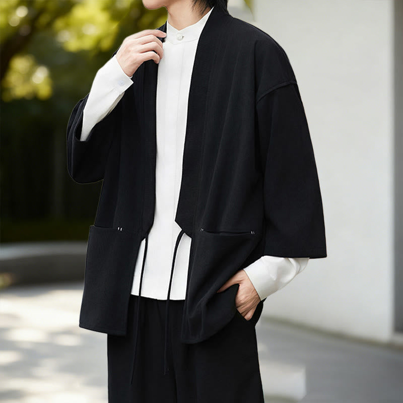 Buddha Stones Cordjacke mit langen Ärmeln, einfarbig, offen, Herren-Kimono aus Baumwoll-Leinen-Mischgewebe - image 4