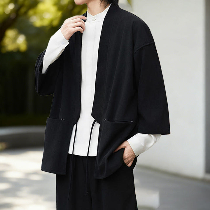 Buddha Stones Cordjacke mit langen Ärmeln, einfarbig, offen, Herren-Kimono aus Baumwoll-Leinen-Mischgewebe - image 4