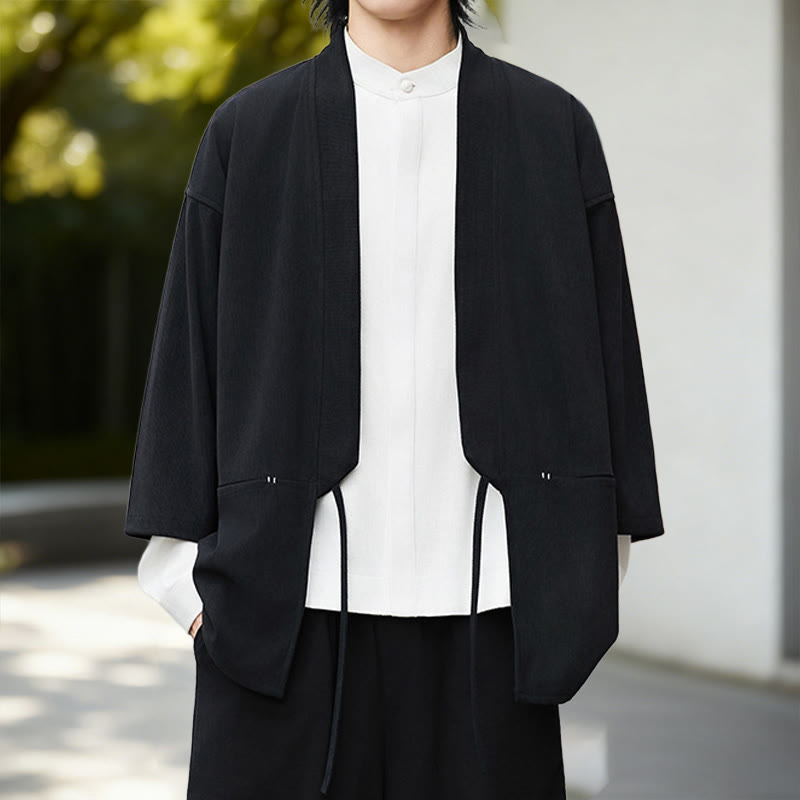 Buddha Stones Cordjacke mit langen Ärmeln, einfarbig, offen, Herren-Kimono aus Baumwoll-Leinen-Mischgewebe - image 1