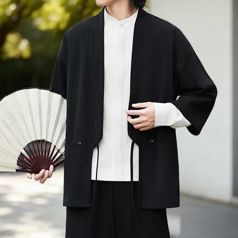 Buddha Stones Cordjacke mit langen Ärmeln, einfarbig, offen, Herren-Kimono aus Baumwoll-Leinen-Mischgewebe - image 2