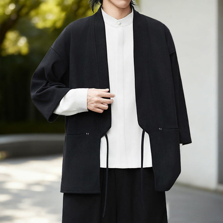 Buddha Stones Cordjacke mit langen Ärmeln, einfarbig, offen, Herren-Kimono aus Baumwoll-Leinen-Mischgewebe - image 3