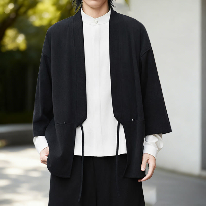 Buddha Stones Cordjacke mit langen Ärmeln, einfarbig, offen, Herren-Kimono aus Baumwoll-Leinen-Mischgewebe - image 5