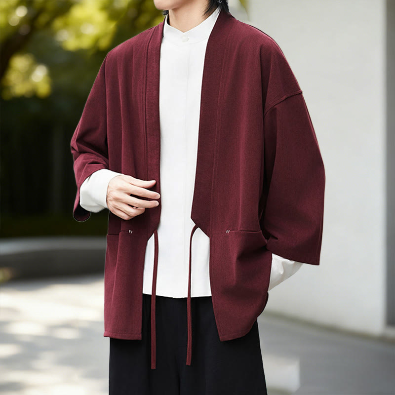 Buddha Stones Cordjacke mit langen Ärmeln, einfarbig, offen, Herren-Kimono aus Baumwoll-Leinen-Mischgewebe - image 10