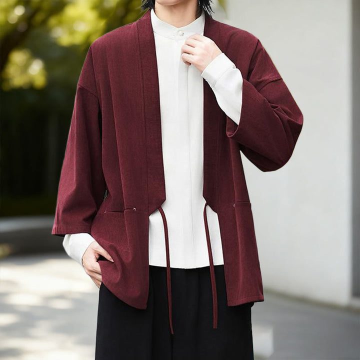 Buddha Stones Cordjacke mit langen Ärmeln, einfarbig, offen, Herren-Kimono aus Baumwoll-Leinen-Mischgewebe - image 8