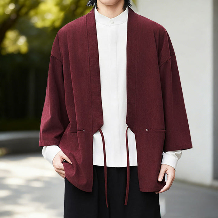 Buddha Stones Cordjacke mit langen Ärmeln, einfarbig, offen, Herren-Kimono aus Baumwoll-Leinen-Mischgewebe - image 9