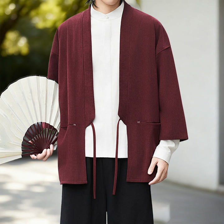 Buddha Stones Cordjacke mit langen Ärmeln, einfarbig, offen, Herren-Kimono aus Baumwoll-Leinen-Mischgewebe - image 12