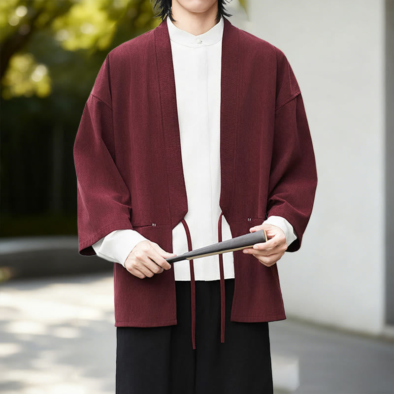 Buddha Stones Cordjacke mit langen Ärmeln, einfarbig, offen, Herren-Kimono aus Baumwoll-Leinen-Mischgewebe - image 11