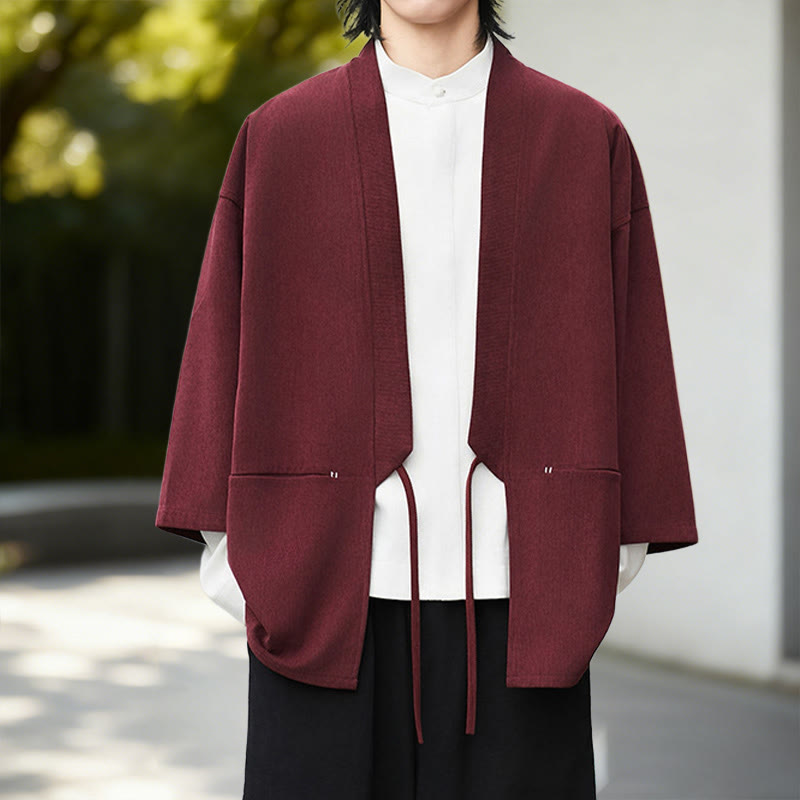 Buddha Stones Cordjacke mit langen Ärmeln, einfarbig, offen, Herren-Kimono aus Baumwoll-Leinen-Mischgewebe - image 14