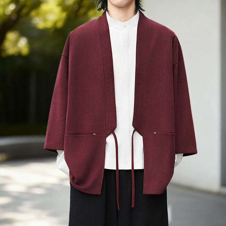 Buddha Stones Cordjacke mit langen Ärmeln, einfarbig, offen, Herren-Kimono aus Baumwoll-Leinen-Mischgewebe - image 14