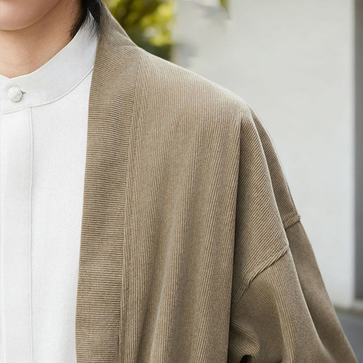 Buddha Stones Cordjacke mit langen Ärmeln, einfarbig, offen, Herren-Kimono aus Baumwoll-Leinen-Mischgewebe - image 21