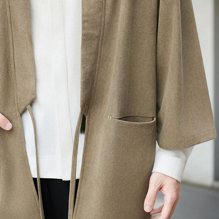 Buddha Stones Cordjacke mit langen Ärmeln, einfarbig, offen, Herren-Kimono aus Baumwoll-Leinen-Mischgewebe - image 22