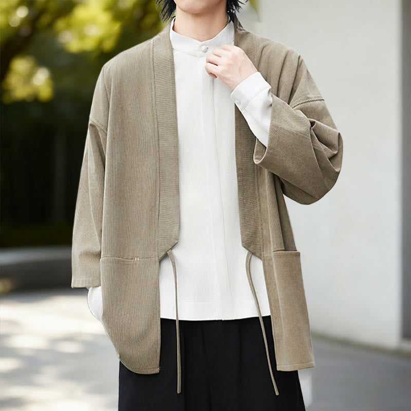 Buddha Stones Cordjacke mit langen Ärmeln, einfarbig, offen, Herren-Kimono aus Baumwoll-Leinen-Mischgewebe - image 17