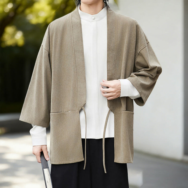 Buddha Stones Cordjacke mit langen Ärmeln, einfarbig, offen, Herren-Kimono aus Baumwoll-Leinen-Mischgewebe - image 19