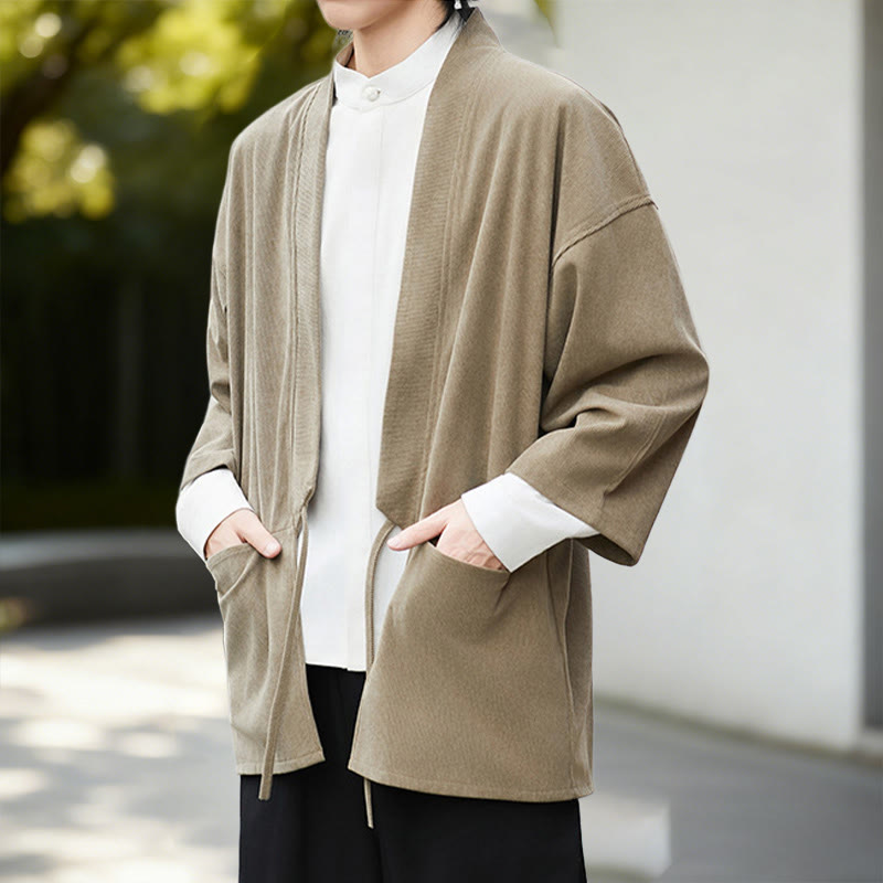 Buddha Stones Cordjacke mit langen Ärmeln, einfarbig, offen, Herren-Kimono aus Baumwoll-Leinen-Mischgewebe - image 20