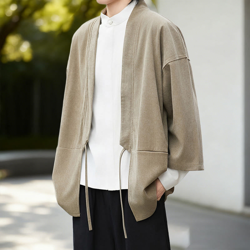 Buddha Stones Cordjacke mit langen Ärmeln, einfarbig, offen, Herren-Kimono aus Baumwoll-Leinen-Mischgewebe - image 18