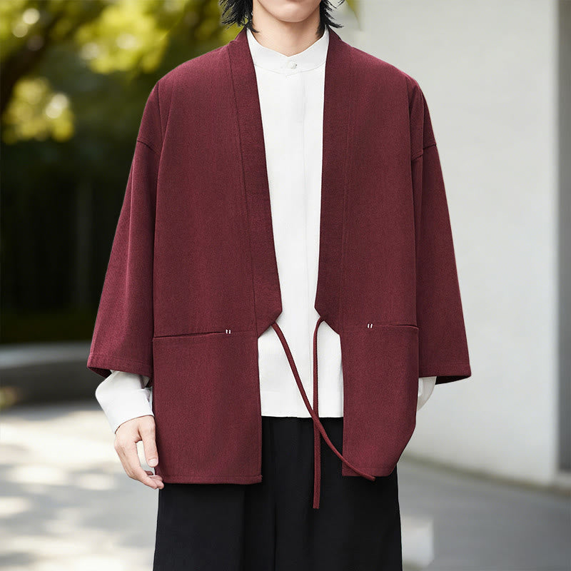 Buddha Stones Herbst Einfarbig Weiß Herren Langarm Baumwoll-Leinen-Kimono aus Cord - Dunkelroter Kimono - US/ UK/AU46, EU56 (5XL) - image 12