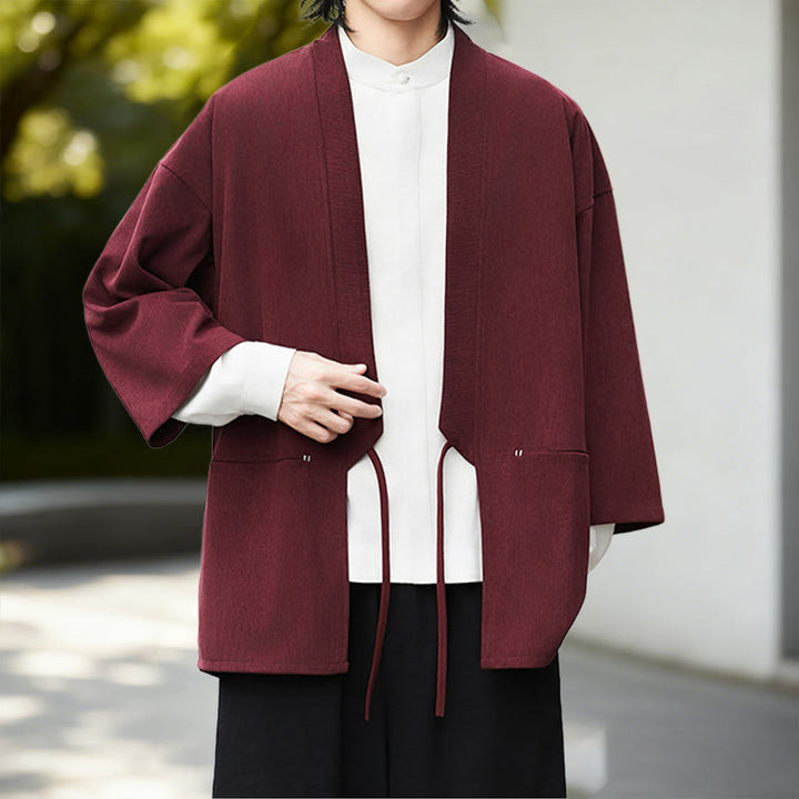 Buddha Stones Herbst Einfarbig Weiß Herren Langarm Baumwoll-Leinen-Kimono aus Cord - image 13