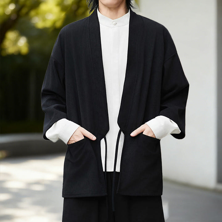 Buddha Stones Herbst Einfarbig Weiß Herren Langarm Baumwoll-Leinen-Kimono aus Cord - image 11