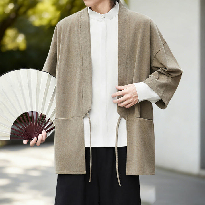 Buddha Stones Herbst Einfarbig Weiß Herren Langarm Baumwoll-Leinen-Kimono aus Cord - image 15