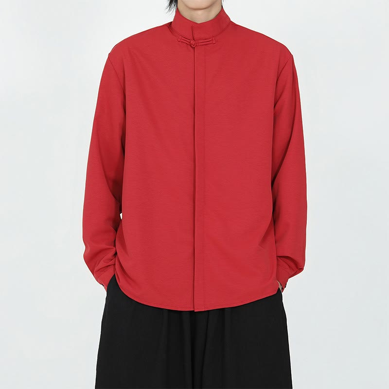 Buddha Stones einfarbiges Langarm-Baumwollhemd mit einem Froschknopfverschluss für Herren - Rot - US/ UK/AU46, EU56 (5XL) - image 10