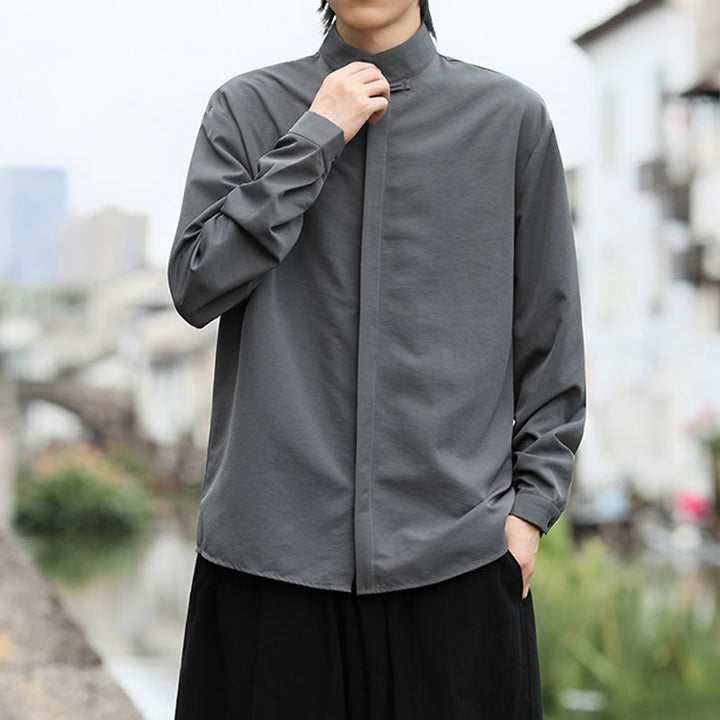 Buddha Stones einfarbiges Langarm-Baumwollhemd mit einem Froschknopfverschluss für Herren - image 2