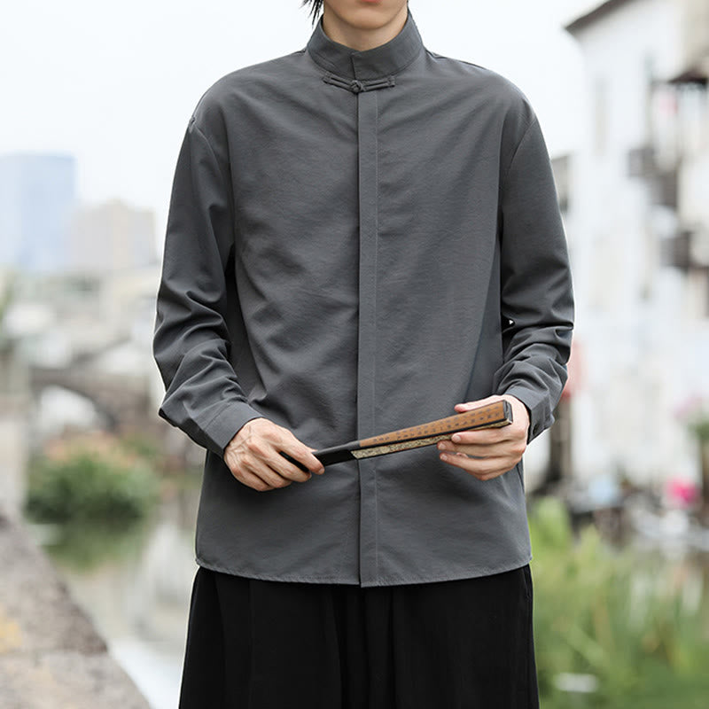 Buddha Stones einfarbiges Langarm-Baumwollhemd mit einem Froschknopfverschluss für Herren - image 1