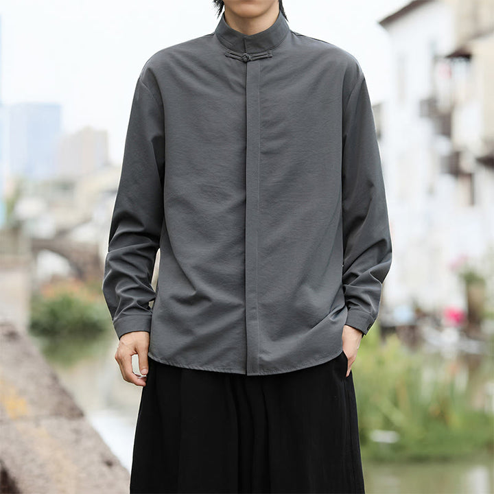 Buddha Stones einfarbiges Langarm-Baumwollhemd mit einem Froschknopfverschluss für Herren - image 3