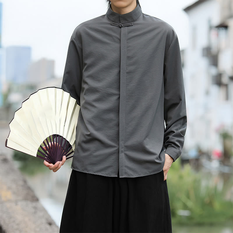 Buddha Stones einfarbiges Langarm-Baumwollhemd mit einem Froschknopfverschluss für Herren - image 4