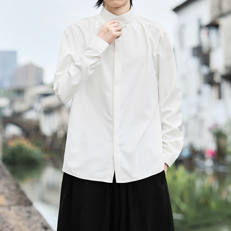 Buddha Stones einfarbiges Langarm-Baumwollhemd mit einem Froschknopfverschluss für Herren - image 6