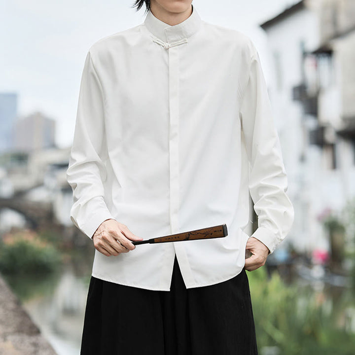 Buddha Stones einfarbiges Langarm-Baumwollhemd mit einem Froschknopfverschluss für Herren - image 8