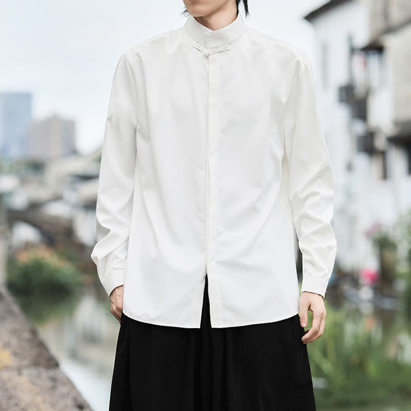 Buddha Stones einfarbiges Langarm-Baumwollhemd mit einem Froschknopfverschluss für Herren - image 7